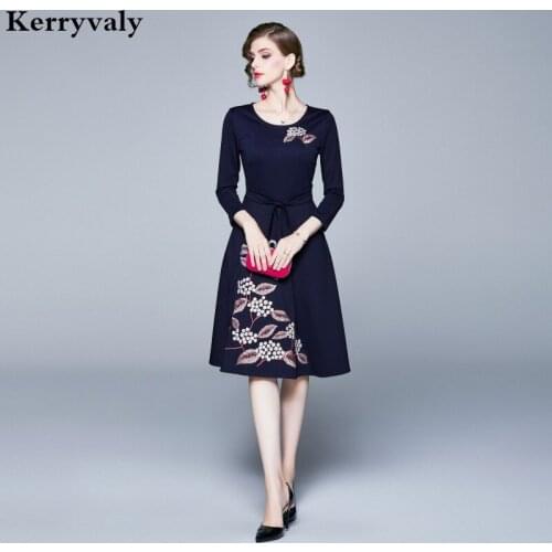 Autumn Retro Blue Floral Midi Embroidery Dress Ropa Mujer Verano 2021 Elegant Women Party Shirt Dress Robe Pull K6993