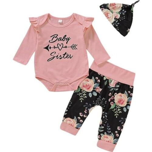 3pcs Newborn Toddler Infant Baby Girl Clothes Long Sleeve Romper Tops+Long Pants +Hat Outfit Set