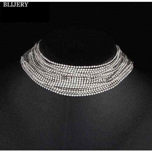 BLIJERY Multiple Layers Full Rhinestone Crystal Choker Necklace for Women Vintage Statement Chunky Collar Necklaces Jewelry Gift