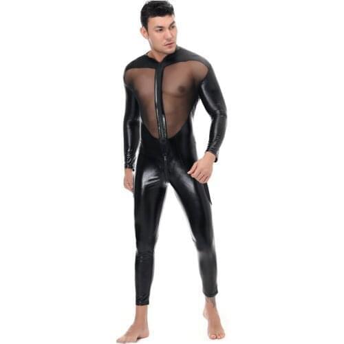 Black Sexy Mens Transparent Mesh Faux Leather Catsuit Jumpsuit Exotic Romper Zip Suit Zentai Male Bodysuit Jumpsuit Lingerie