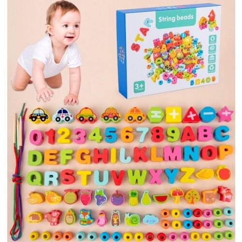 Childrens 100Pcs Wooden String Beads Cartoon Animal Fruit Vehicle English Letter Math Mintessori Cognitive Game Kids Gift