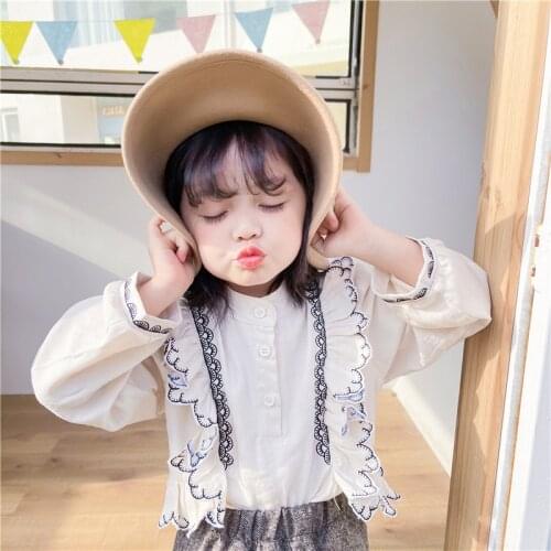 Baby Girls Elegant Small Stand Collar Lining 2021 Autumn Korean Style Girls Sweet Embroidery Flounced Sleeve Baby Shirt