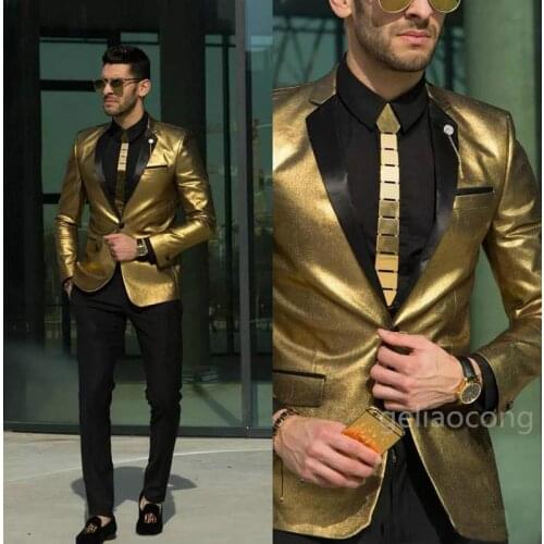 Custom Made Mens Suits New Arrival Golden Notch Lapel Slim Fit Wedding Suits Mens Stage Prom Groom Tuxedos 2pcs( jacket+Pants)