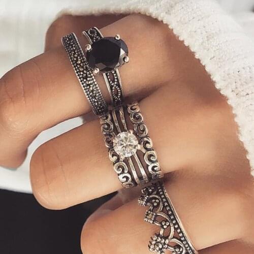 Miss JQ 6pcs/Set Big Black Crystal Punk Rings Set For Women Hollow Carved Silver Midi Rings Boho Jewelry Knuckle Sets bague
