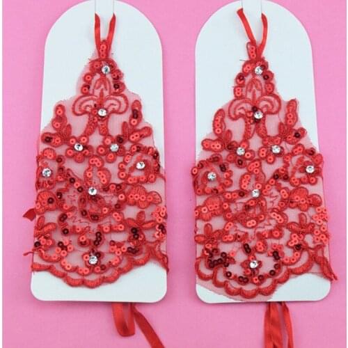 New Red/White Women Lace Fingerless Short Gloves Diamond Decor Lace Gloves Wedding Bridal Ball Party Dress Decoration Accessory