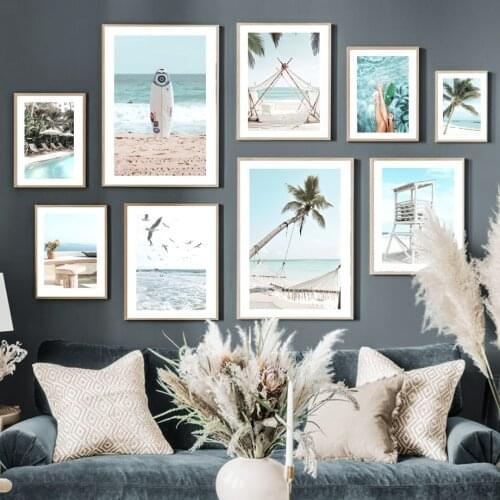 Beach Palm Tree Sign Birds Girl Surf Tent Wall Art Prints Canvas Painting Nordic Poster Modern Decor Pictures For Living Room