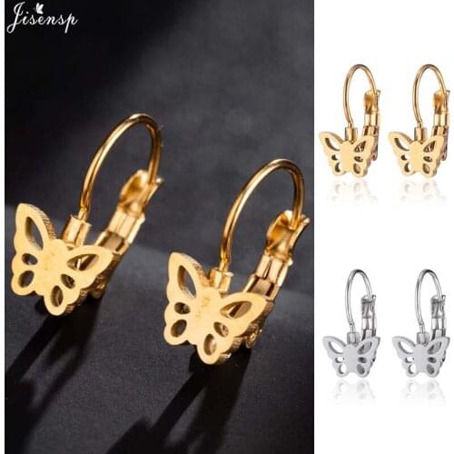 Jisensp 2020 Simple Creative Stainless Steel Butterfly Earrings for Women Girls Big Round Frosted Butterfly Cartilage Ear Studs