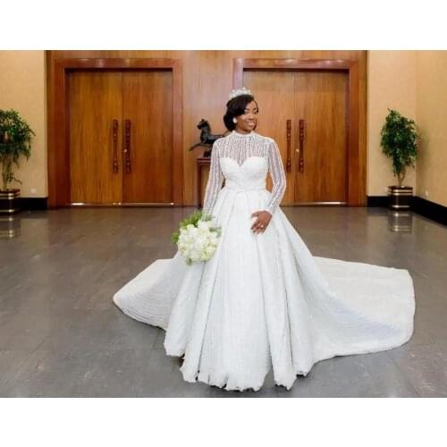 Long Sleeves luxury Lace Ball Gown High Neck Wedding Dresses Chapel Train 2020 Plus Size Bridal Dresses Nigeria