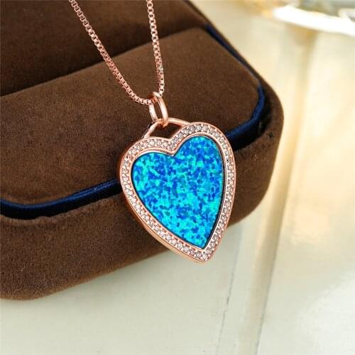 Luxury Female Crystal Opal Pendant Necklace Rose Gold Silver Color Chain Necklaces For Women Dainty Love Heart Wedding Necklace