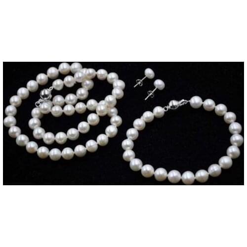 Handmade Real Pearl Jewelry Set AA 7-8MM Round Freshwater Pearl Necklace Bracelet Earrings Charming Woman Gift
