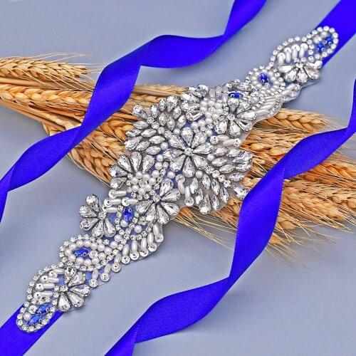 ZMS487 Pure Handmade Blue Rhinestone Embellished Bride Belt Wedding Woman Accessories Girl Pearl Belt Color Ribbon Sash