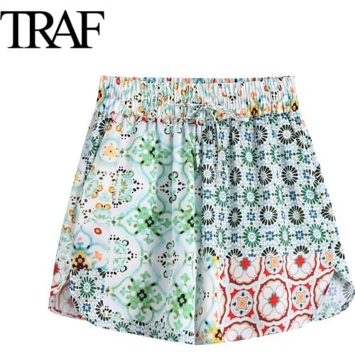 Traf Za Women Clothes Summer Mini Print Shorts Chic Ladies Printed Bermuda Shorts Boho Elastic High Waist Wide Leg Shorts
