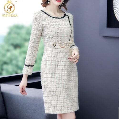 SMTHMA 2021 New Autumn Winter Runway Women Elegant Beaded Tweed Woolen Dress Robe Ladies Long Sleeve Fashion Temperament Dress