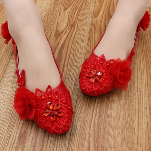 Flat heel red lace flowers womens party shoes handmade NQ258 beautiful girls lady party proms dress anniversary flats shoe