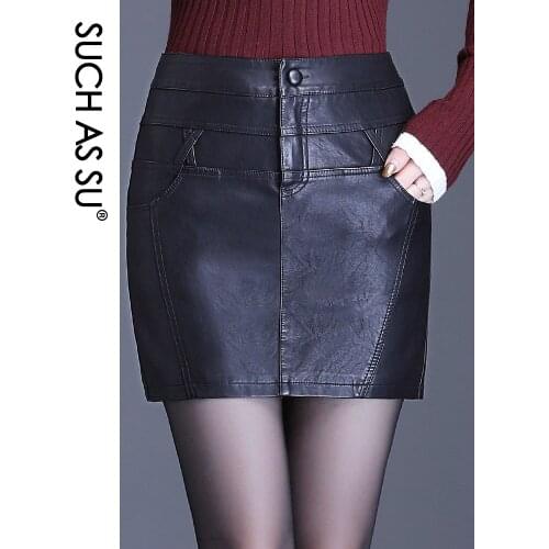 SUCH AS SU New Fashion Autumn Winter PU Leather Skirt Women Black High Waist Occupation Work Pencil Skirt M-3XL Size Mini Skirt