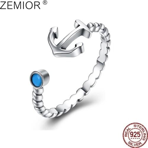 ZEMIOR Women Rings 925 Sterling Silver Simple Turquoise Boat Anchor Open Adjustable Punk Vintage Ring Mens Fine Jewelry Best