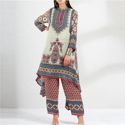 Punk Designer autumn winter new bohemian long-sleeved semi-cardigan printed mid-length dress VOGUE Female clothing woman clothes