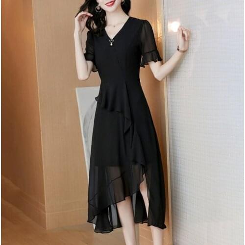 Women Black Dress Vestidos Summer Lotus Leaf Irregular Short Petal Sleeves V-neck Long A-line Chiffon Plus Size Robe 6336