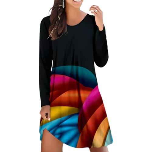 2021 New Autumn Winter Dress Women Casual Long Sleeve Round neck Rainbow Print Dress Vintage Floral Loose A-line Dress Vestidos