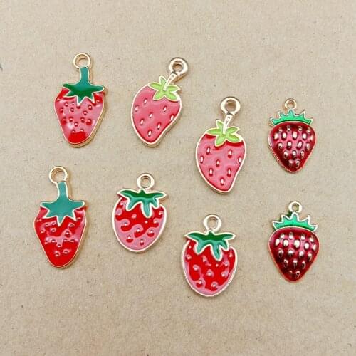 10pcs/lot New Arrival Cute Gold Tone All Enamel Strawberry Charms Pendants For Jewelry Making Fruit Charms