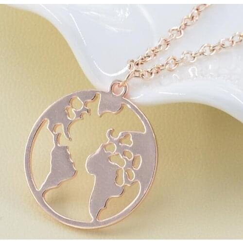12PC Wholesale Round Rose Gold World Map Metal Earth Pendant Necklace Women Girls Travel Friend Gift Charms Boho Jewelry Present