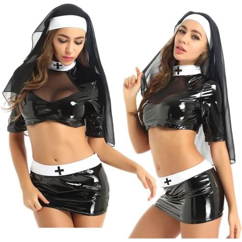 3Pcs Women Adults Nun Cosplay Costume Halloween Roleplay Outfit Half Sleeves Sexy Crop Top Mini Bodycon Skirt Headpiece Set