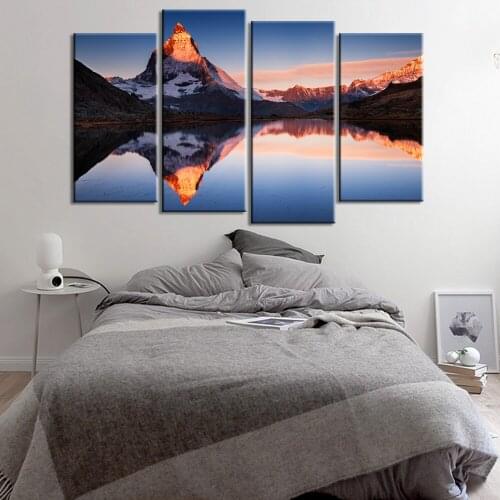 4 Pieces Snowing Mountain Sunrise Poster Modern Painting Frameless Wall Art Picture Decor Canvas Art Hd Printed for Living Room