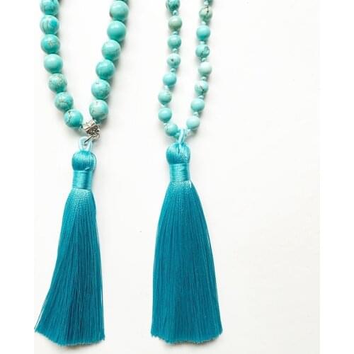 6 8mm Blue Howlite Stone Bead Necklace 108 Mala Beads Necklace Meditation Stone Buddhism Bracelet Blue Tassel Hand Knotted 1pc