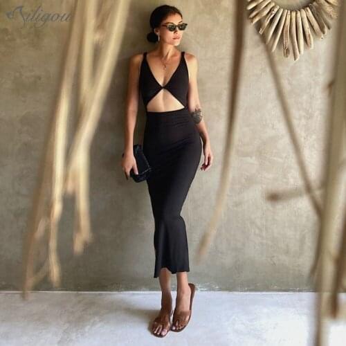 Ailigou 2021 New Sleeveless Hollow Slit Sexy Double-Sided Wear Long Bandage Dress Summer Female Fashion Street Star Party Dress