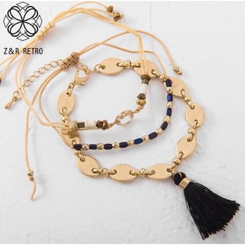 Bohemia Gold Color Statement Bracelet & Bangle with Black Tassel Trend Suspension Pendant 2021 Fashion Costume Jewelry for Women