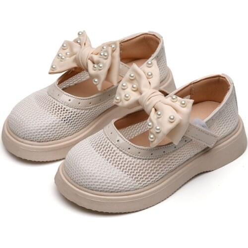Childrens Leather Shoes 2021 Summer New Girls Pearl Bow-knot Mesh Princess Shoes Little Girls Breathable Single Shoes Sweet Hot