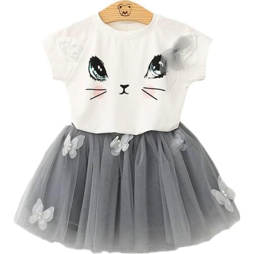 Bear Leader Girls Clothing Sets New Summer Fashion Style Cartoon Kitten Printed T-Shirts+Net Veil Dress 2Pcs Girls Clothes Sets