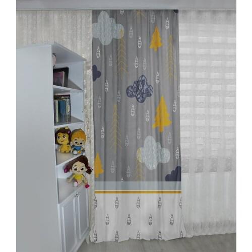 Gri çocuk odası perdesi bulut,ağaç,su damlası çocuk perdesi