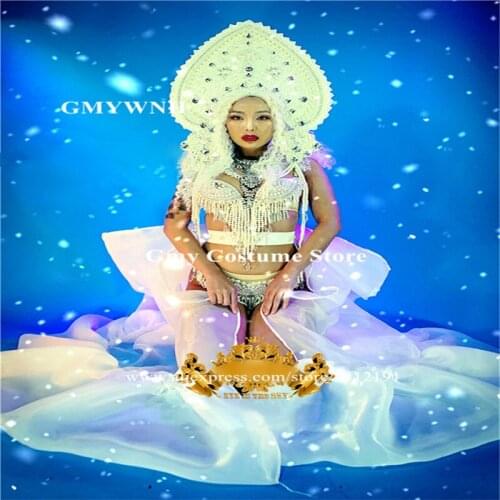M42 Christmas singer stage wears dress female bodysuit party headwear dj cloak model show outfits Rhinestone bikini bar costumes