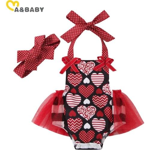 Ma&Baby 3-24M Valentines Day Baby Girl Outfits Toddler Infant Baby Red Heart Romper Ruffles Jumpsuit Sunsuit Costumes