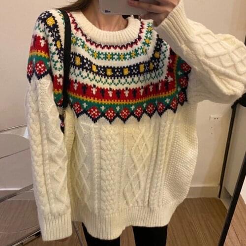 2020 Korean New Loose Thick Retro Twist Sweater Womens Autumn&Winter Lazy Comfort Knitted Sweaters Elegant Floral Print Tops