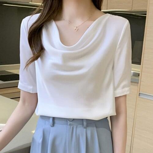 2021 New Satin Drooping Short-sleeved Top Shirt for Women Tops Ladies Solid O-Neck Patchwork Blusas Female White Clothing 0619
