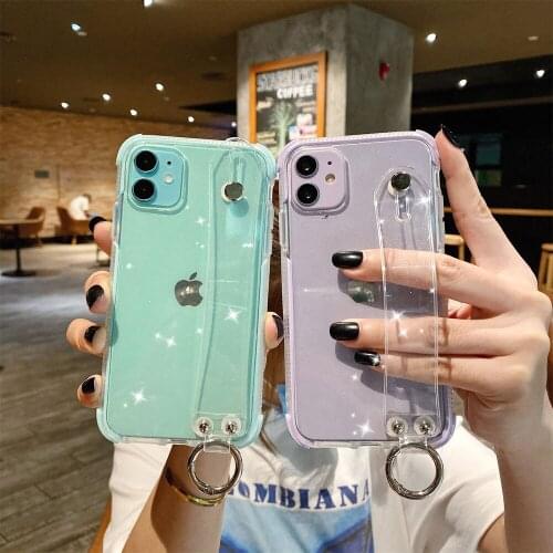 Bling Glitter Wrist Strap Transparent Phone Cases For iPhone 12 11Pro Max XR XSMax 8Plus 7 Shockproof Wristband Back Cover Coque