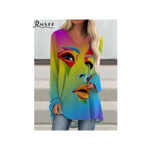 RMSFE 2021 Womens Long Sleeve Round Neck Retro Abstract Face Loose Casual Irregular Printed T-Shirt