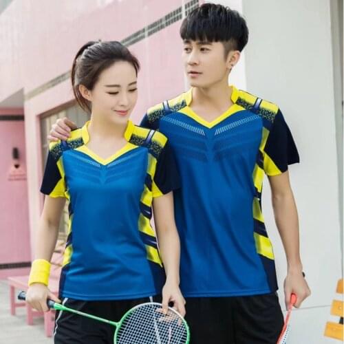 2019 Blue Sports Quick Dry breathable badminton shirts,Women/Men table tennis group game running training Sport V Neck T Shirts