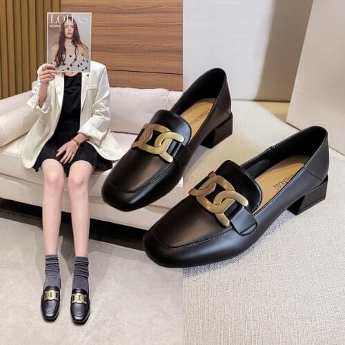 Large Size Women Solid Leather Shoes 3CM High Heels Ladies Dress Work Shoes Mary Jeans Pumps Woman Square Heels Chains Loafers