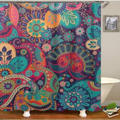 Mandala Ethnic Decor Shower Curtain Retro Geometric Round Patterns Floral Print Theme Bathroom Set with Hooks