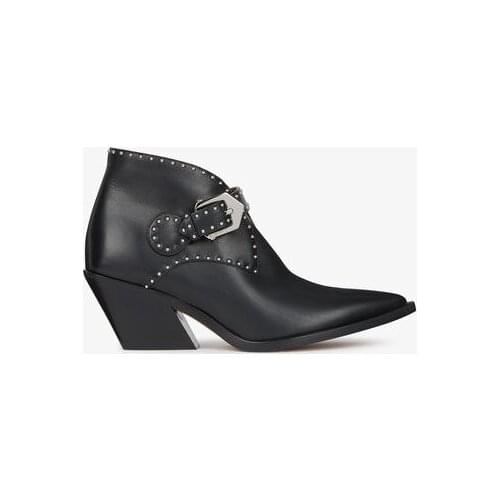 Sestito New 2018 Women Rivets Slip-on Pointed Toe Ankle Boots Ladies Chunky Heels Dress Shoes Girls Metal Buckles Martin Boots