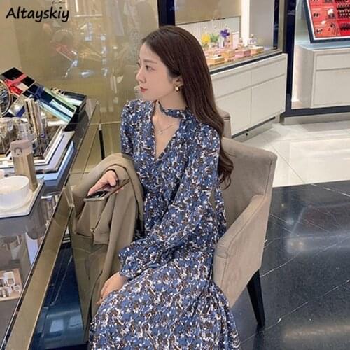 Dresses Women Spring V-neck Floral Flare Sleeve Korean Style Streetwear Gentle Ladies Mujer High Waist Leisure Simple Female New
