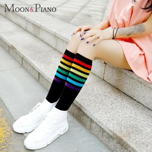 Harajuku New Fashion High Tube Ladies Kawaii Rainbow Striped Print Stockings Long Legs Woman Girl Campus Style Female Knee Sock