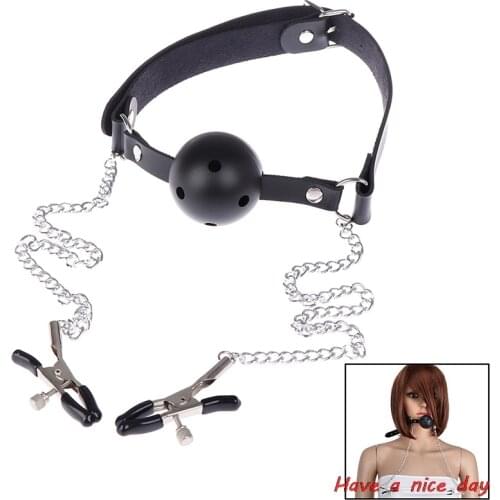PU Leather Mouth Gag Ball Oral Sex With Chain Clip Breast Nipple Clamps Erotic Toy Fetish Bondage Harness Erotic Sex Adult Toy