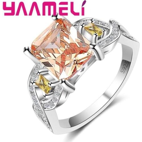 Big Promotion Wholesale Love Style Fashion Women Square Cut Orange White CZ 925 Sterling Silver Ring Size 6 7 8 9 10