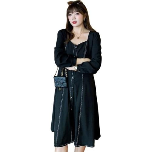 Womens autumn square collar contrast color single-breasted dress plus size knee length casual dress 100 kg can be worn