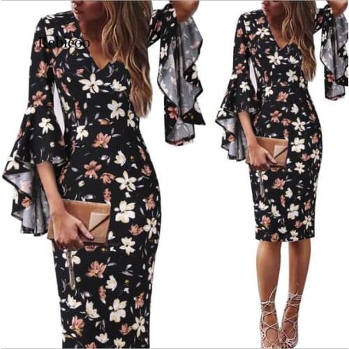Plus Size 3XL Midi Dress Women Floral Dots Print Black Red Deep V Neck Flare Sleeve Elegant Slim Bodycon Pencil Dress