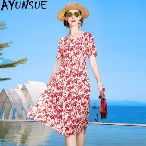 100% Silk Dress Summer 2020 Women Floral Pink Beach Dress Elegant Mulberry Silk Dresses for Women Midi Korean Vestido 612 KJ4822